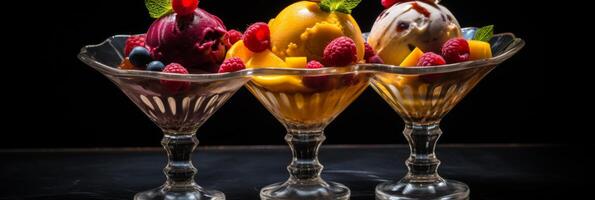 AI generated Colorful and tempting ice cream cones with jelly and dried fruits, ready to delight your taste buds. Banner photo