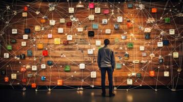 AI generated Man interfacing with data network, conceptual image of digital innovation and future technology photo