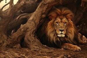 AI generated Magnificent lion relaxing in the shade of acacia tree on safari in african savanna photo