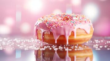 AI generated Delicious pink donut on blurred, defocused background with ample copy space for text photo