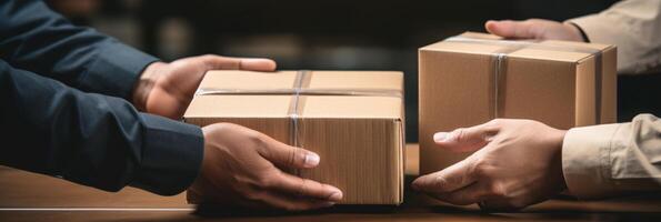 AI generated Delivery man delivering package box to customer at doorstep for fast delivery service photo