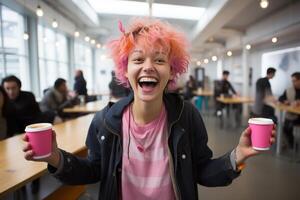 AI generated Smiling girl with vibrant hair, holding two drinks, portraying joyful school spirit photo