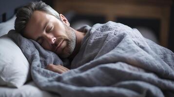 ai generado enfermo hombre con frío acostado en cama, espacio para texto o mensaje, gripe o enfermedad concepto foto