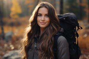 AI generated Woman hiking in forest with backpack, adventure travel holiday concept for outdoor exploration photo