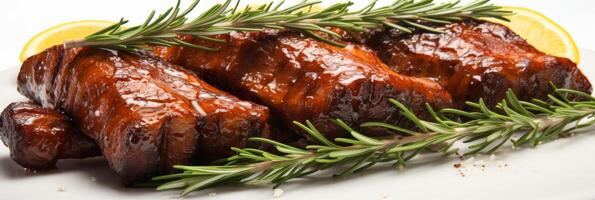 AI generated Juicy pork ribs baked with honey and spices on white background with copy space. Banner photo