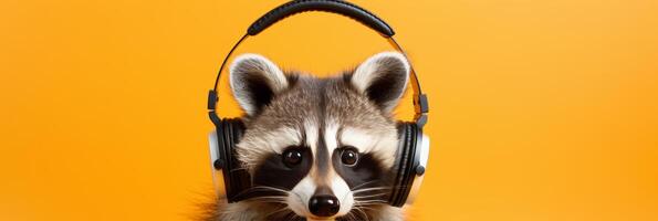 AI generated Adorable raccoon dj wearing headphones with blank copy space on vibrant orange background photo