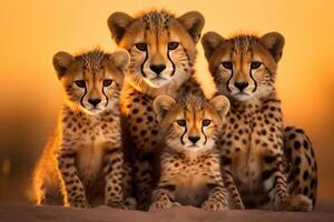 ai generado agraciado orgullo leopardo familia con cachorros itinerancia en el salvaje en medio de el asombroso safari paisaje foto