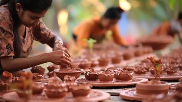 AI generated Craftsman molding clay pots on white backdrop, room for text, pottery making photo