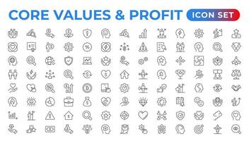 Value money core icons set. Outline illustration of icons. Core values line icons. Integrity. Vision, Social Responsibility, Commitment, Personal Growth, Innovation, Family, and Problem-Solving. vector