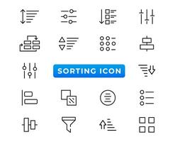 Set of sorting and filtering related linear icons on white background. Templates of data processing, structure order, digital management and other icons for business. Flat cartoon vector illustration