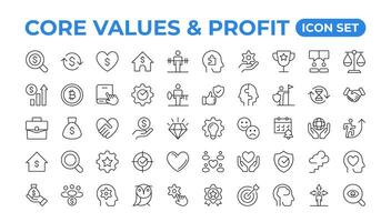 Value money core icons set. Outline illustration of icons. Core values line icons. Integrity. Vision, Social Responsibility, Commitment, Personal Growth, Innovation, Family, and Problem-Solving. vector