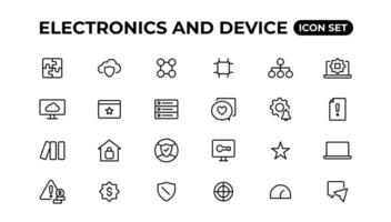 electrónica y dispositivo líneas icono colocar. electrónico dispositivos y artilugio, computadora, equipo y electrónica. computadora monitor, teléfono inteligente, tableta y ordenador portátil sumbol recopilación. vector