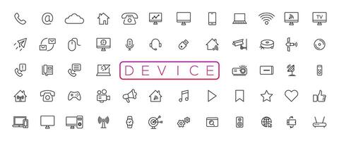 Device and technology line icon set. Electronic devices and gadgets, computer, equipment and electronics. Computer monitor, smartphone, tablet and laptop sumbol collection vector