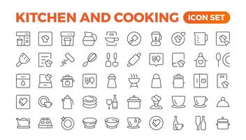 Set of outline icons related to cooking, and kitchen. Linear icon collection. Kitchen and Cooking thin line web icon set. Outline icons collection. Kitchen utensils - pan, oven, cookbook, saucepan. vector