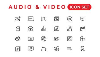 paquete de iconos de audio y video. conjunto de iconos de línea delgada. conjunto de colección de iconos planos. iconos vectoriales simples vector