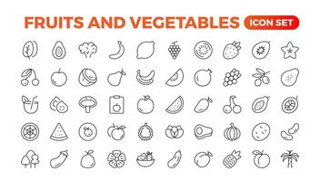 Fruits and vegetables line icons collection. Big UI icon set in a flat design. Thin outline icons pack. Vector illustration. Fruits and vegetables icons set. Food vector illustration.Outline icon set.