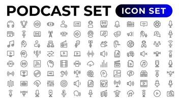 Podcast icon collection. Containing audio, microphone, record, podcasting, broadcasting.Outline icon collection. vector