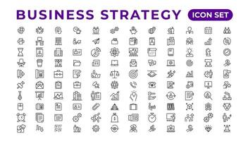 Business strategy set of web icons in line style. Business solutions icons for web and mobile app. Action List, research, solution, team, marketing, startup, advertising, business process vector