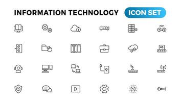 información tecnología línea íconos recopilación. grande ui icono conjunto en un plano diseño. Delgado contorno íconos paquete vector