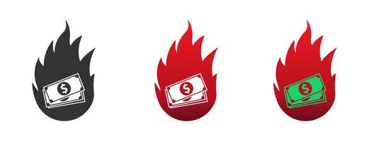 burning dollar icon. Money icon in fire. Vector illustration.