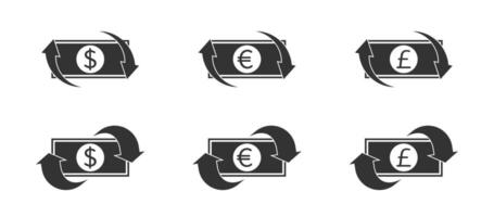 devolución de dinero icono, regreso dinero, efectivo espalda reembolso. dólar, euro y libra libra esterlina signo. vector ilustración.