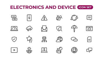 electrónica y dispositivo líneas icono colocar. electrónico dispositivos y artilugio, computadora, equipo y electrónica. computadora monitor, teléfono inteligente, tableta y ordenador portátil sumbol recopilación. vector