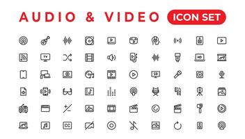 paquete de iconos de audio y video. conjunto de iconos de línea delgada. conjunto de colección de iconos planos. iconos vectoriales simples vector