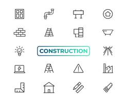 Construction line icons set. Home repair tools outline icons collection. Construction tools, builders and equipment symbols. Builder, crane, engineering, equipment, helmet, tool, house - stock vector. vector