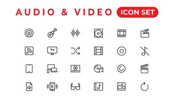 paquete de iconos de audio y video. conjunto de iconos de línea delgada. conjunto de colección de iconos planos. iconos vectoriales simples vector