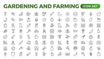 Set of outline icons related to gardening, landscaping, and farming. Linear icon collection.Set of horticulture Icons. Farming and agriculture outline icon collection. Outline icon set. vector