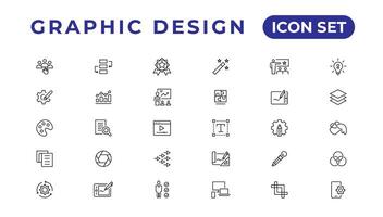 Set of thin line icons of graphic design. Simple linear icons in a modern style flat, Creative Process. Graphic design, creative package, stationary, software and more vector