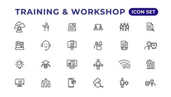 Training and workshop linear icons collection.Set of thin line web icon set, simple line icons collection, Pixel Perfect icons, Editable vector illustration.