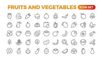 Fruits and vegetables line icons collection. Big UI icon set in a flat design. Thin outline icons pack. Vector illustration. Fruits and vegetables icons set. Food vector illustration.Outline icon set.