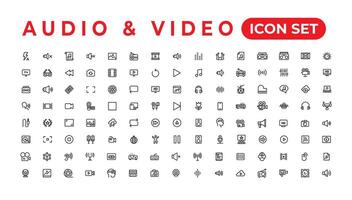 music and audio universal thin line icons set on white, minimalistic, flat Set of thin line web icon set, simple outline icons collection, Pixel Perfect icons, Simple vector illustration.