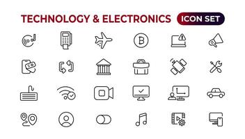 Technology and Electronics and Devices web icons in line style. Device, phone, laptop, communication, smartphone, ecommerce. Vector illustration.