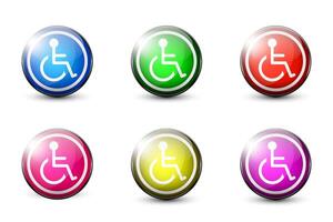 Wheelchair icon set. Glossy buttons with shadows. Flat vector illustration.