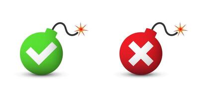 Bomb icon with check mark and cross signs. Green and red colors. Vector illustration.