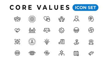 Core value icon banner collection. Containing innovation, goals, responsibility, integrity, customers, commitment, quality, teamwork, reliability and inclusion. Vector solid collection of icons