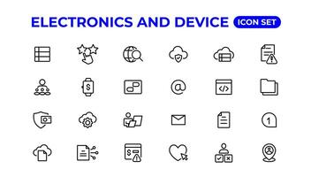 Electronics and device lines icon set. Electronic devices and gadgets, computer, equipment and electronics. Computer monitor, smartphone, tablet and laptop sumbol collection. vector