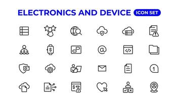 electrónica y dispositivo líneas icono colocar. electrónico dispositivos y artilugio, computadora, equipo y electrónica. computadora monitor, teléfono inteligente, tableta y ordenador portátil sumbol recopilación. vector