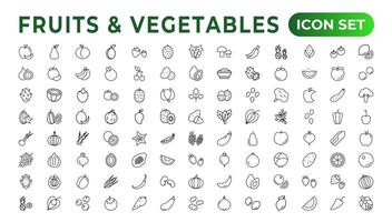 Fruits and vegetables line icons collection. Big UI icon set in a flat design. Thin outline icons pack. Vector illustration. Fruits and vegetables icons set. Food vector illustration.Outline icon set.