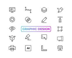 Set of thin line icons of graphic design. Simple linear icons in a modern style flat, Creative Process. Graphic design, creative package, stationary, software and more simple UI, UX vector icons