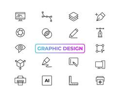 Set of thin line icons of graphic design. Simple linear icons in a modern style flat, Creative Process. Graphic design, creative package, stationary, software and more simple UI, UX vector icons