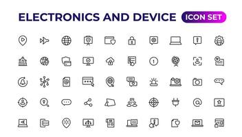 electrónica y dispositivo líneas icono colocar. electrónico dispositivos y artilugio, computadora, equipo y electrónica. computadora monitor, teléfono inteligente, tableta y ordenador portátil sumbol recopilación. vector