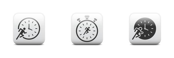 corriendo hombre con reloj icono. rápido paso corredor icono. corriendo empresario y reloj círculo. hora administración concepto, trabajador tarde en trabajo. plano vector ilustración.