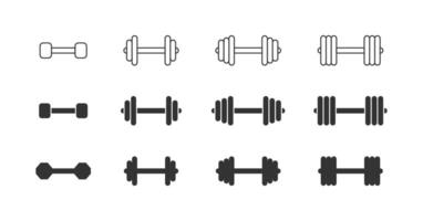 Dumbbell, icon set. Collection of dumbbells various forms and weight, linear and flat design. Vector illustration.