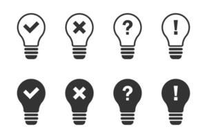 Bulb with check mark cross question mark and exclamation point. Vector illustration.