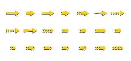 Grunge texture arrows icons set. Yellow scratched arrows collection. Vector illustration isolated on white background.