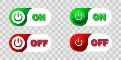 On and Off toggle switch buttons on a transparent background.. Colored buttons with lettering and shadows. Flat vector illustration.