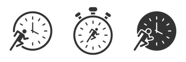 corriendo hombre con reloj icono. rápido paso corredor icono. corriendo empresario y reloj círculo. hora administración concepto, trabajador tarde en trabajo. vector ilustración.